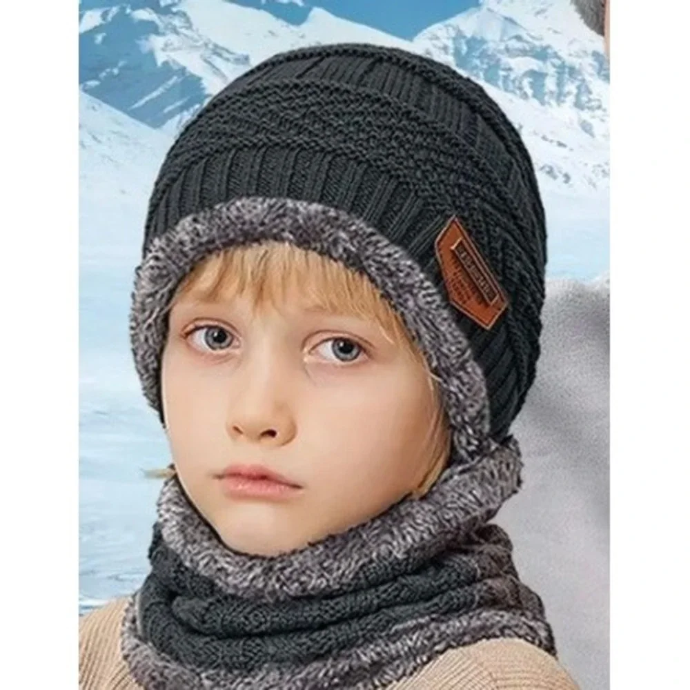 Unisex Childs Gray Neck Warmer + Beanie Hat Cap Lined Knit Fleece Outdoor Ski